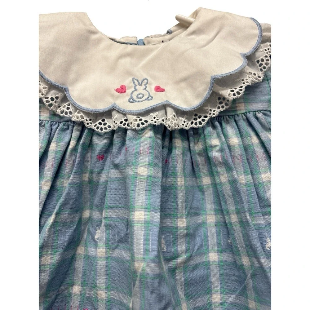 Vintage Good Lad Blue Plaid Embroidered Bunny Dress Baby Girl 18 Mo Lace Easter